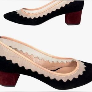 Chloe Black and Blush Scalloped Block Heel Pumps